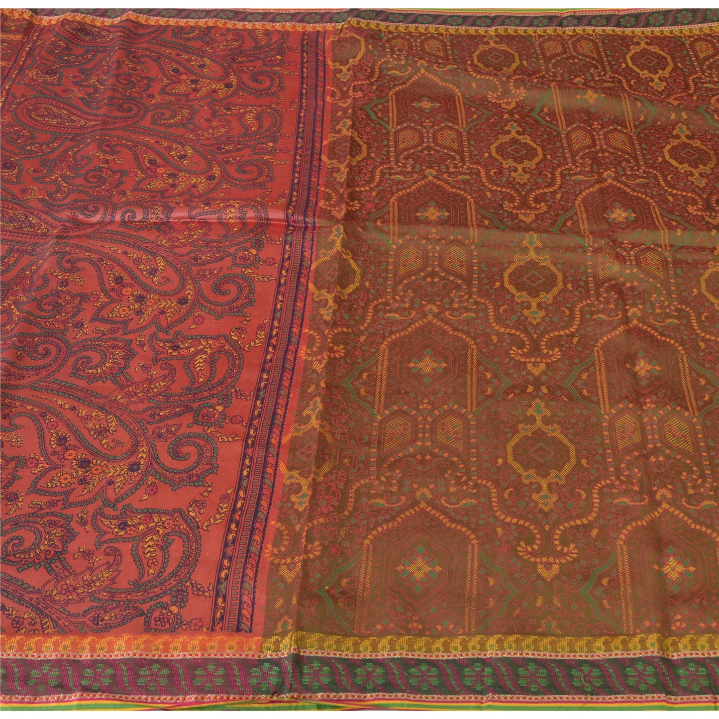 Sanskriti Vintage Painted Cotton Silk Sari Fabric: Green & Pink Floral Paisley, 5 Yd Add-Elegance to Table Linen, Curtains, or Cushions