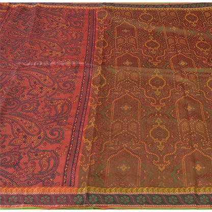Sanskriti Vintage Painted Cotton Silk Sari Fabric: Green & Pink Floral Paisley, 5 Yd Add-Elegance to Table Linen, Curtains, or Cushions
