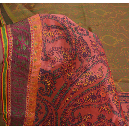 Sanskriti Vintage Painted Cotton Silk Sari Fabric: Green & Pink Floral Paisley, 5 Yd Add-Elegance to Table Linen, Curtains, or Cushions