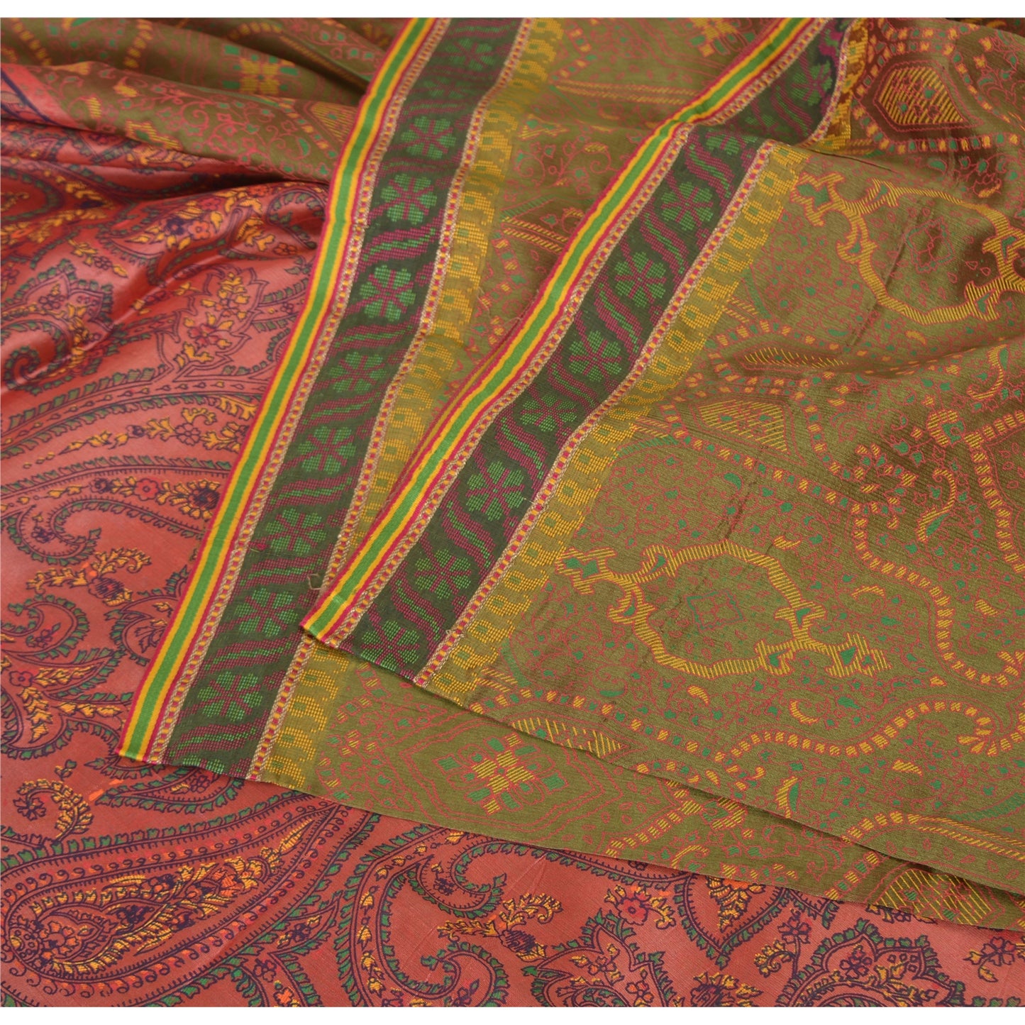 Sanskriti Vintage Painted Cotton Silk Sari Fabric: Green & Pink Floral Paisley, 5 Yd Add-Elegance to Table Linen, Curtains, or Cushions
