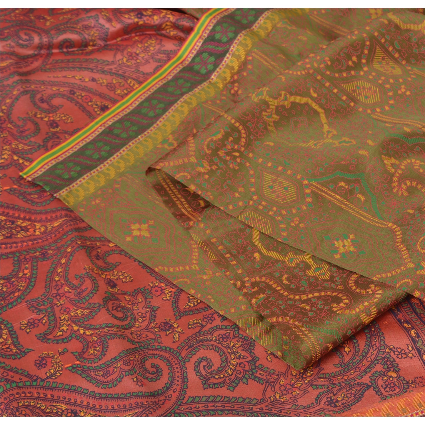 Sanskriti Vintage Painted Cotton Silk Sari Fabric: Green & Pink Floral Paisley, 5 Yd Add-Elegance to Table Linen, Curtains, or Cushions