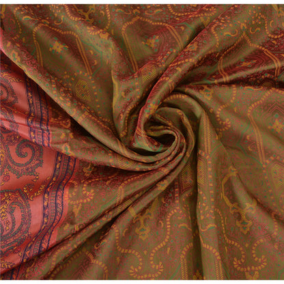 Sanskriti Vintage Painted Cotton Silk Sari Fabric: Green & Pink Floral Paisley, 5 Yd Add-Elegance to Table Linen, Curtains, or Cushions