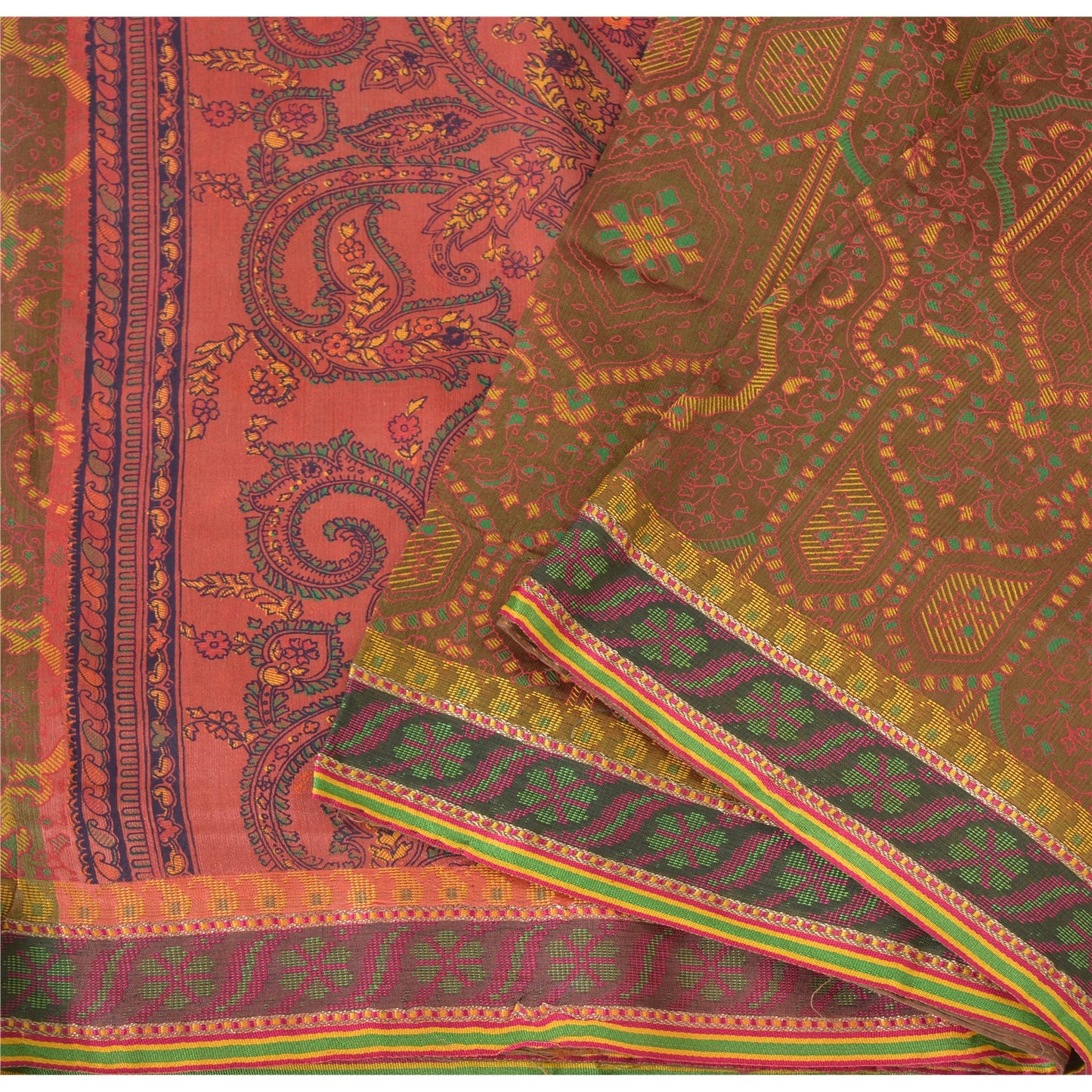 Sanskriti Vintage Painted Cotton Silk Sari Fabric: Green & Pink Floral Paisley, 5 Yd Add-Elegance to Table Linen, Curtains, or Cushions