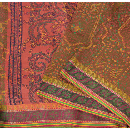 Sanskriti Vintage Painted Cotton Silk Sari Fabric: Green & Pink Floral Paisley, 5 Yd Add-Elegance to Table Linen, Curtains, or Cushions