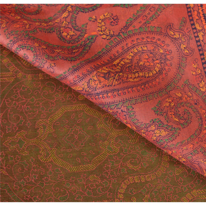 Sanskriti Vintage Painted Cotton Silk Sari Fabric: Green & Pink Floral Paisley, 5 Yd Add-Elegance to Table Linen, Curtains, or Cushions