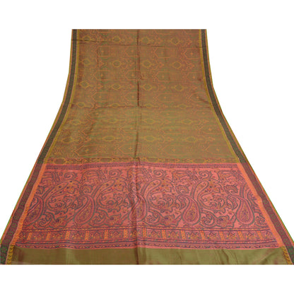 Sanskriti Vintage Painted Cotton Silk Sari Fabric: Green & Pink Floral Paisley, 5 Yd Add-Elegance to Table Linen, Curtains, or Cushions