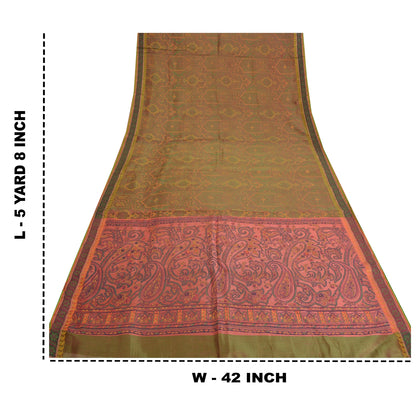 Sanskriti Vintage Painted Cotton Silk Sari Fabric: Green & Pink Floral Paisley, 5 Yd Add-Elegance to Table Linen, Curtains, or Cushions