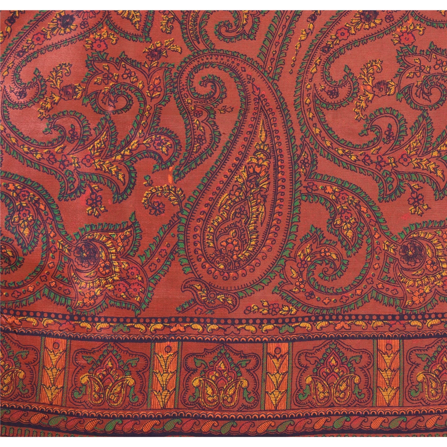 Sanskriti Vintage Painted Cotton Silk Sari Fabric: Green & Pink Floral Paisley, 5 Yd Add-Elegance to Table Linen, Curtains, or Cushions
