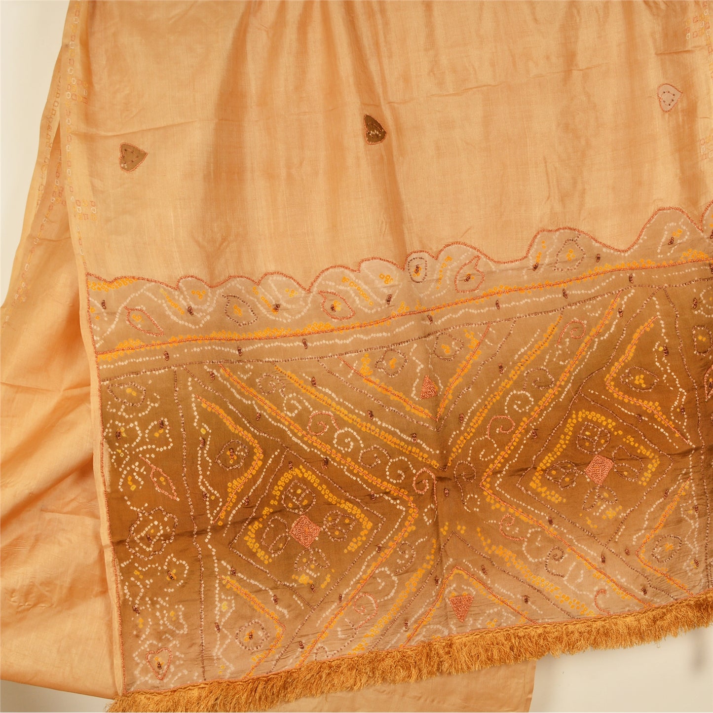 Sanskriti Vintage Sarees 100% Pure Silk Hand Beaded Craft 5 YD Fabric Brown Sari