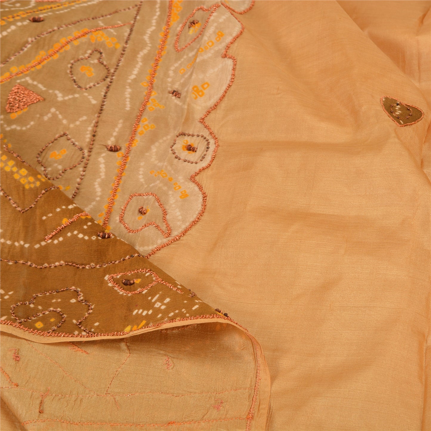 Sanskriti Vintage Sarees 100% Pure Silk Hand Beaded Craft 5 YD Fabric Brown Sari