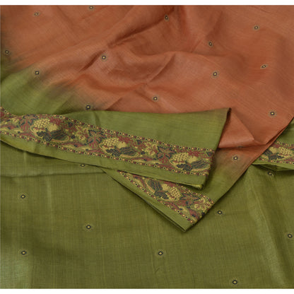 Sanskriti Vintage Orange & Green Sarees Pure Silk Hand Woven Fabric 5YD Sari