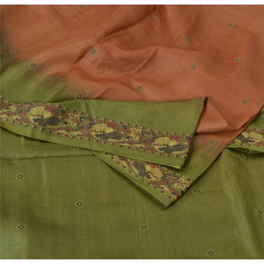 Sanskriti Vintage Orange & Green Sarees Pure Silk Hand Woven Fabric 5YD Sari