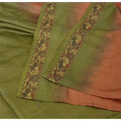 Sanskriti Vintage Orange & Green Sarees Pure Silk Hand Woven Fabric 5YD Sari