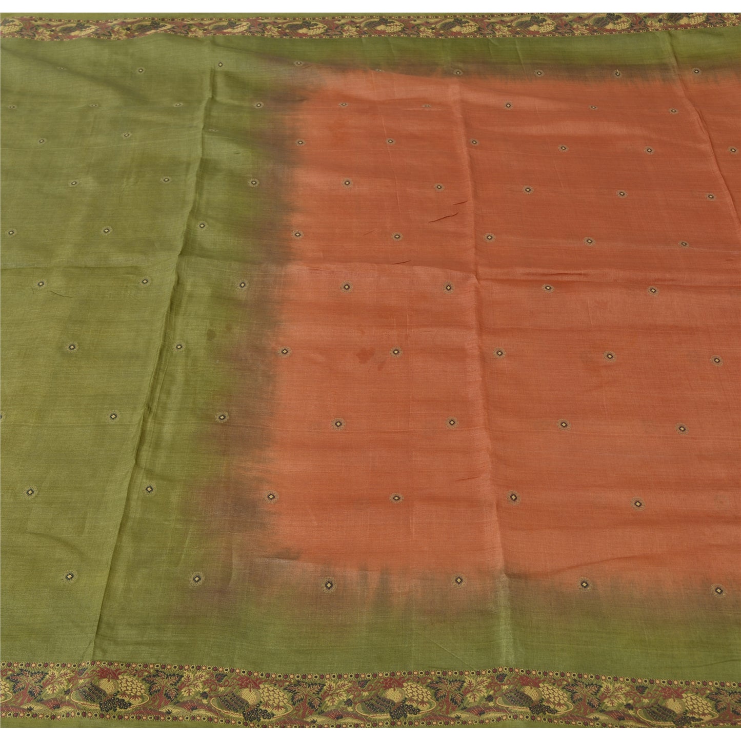 Sanskriti Vintage Orange & Green Sarees Pure Silk Hand Woven Fabric 5YD Sari