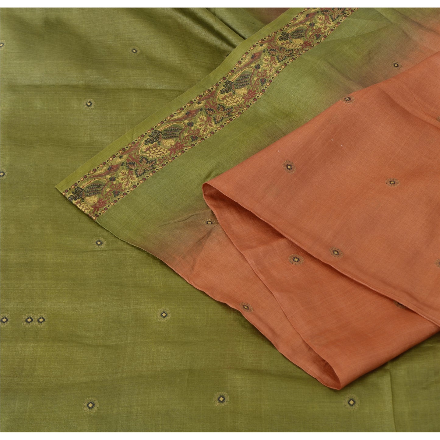 Sanskriti Vintage Orange & Green Sarees Pure Silk Hand Woven Fabric 5YD Sari