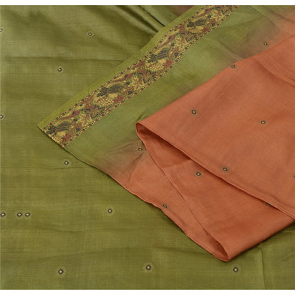 Sanskriti Vintage Orange & Green Sarees Pure Silk Hand Woven Fabric 5YD Sari