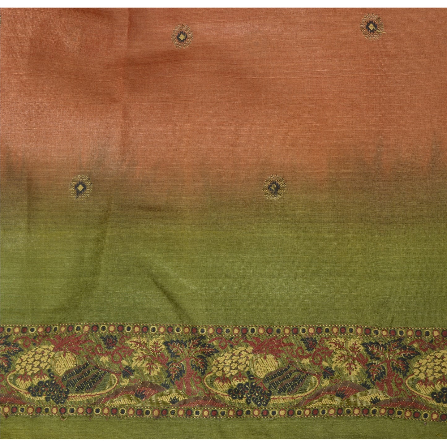 Sanskriti Vintage Orange & Green Sarees Pure Silk Hand Woven Fabric 5YD Sari