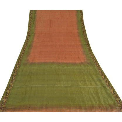 Sanskriti Vintage Orange & Green Sarees Pure Silk Hand Woven Fabric 5YD Sari