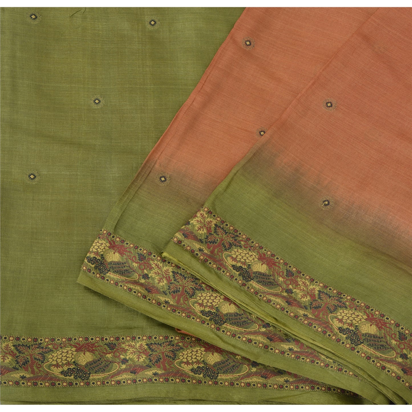 Sanskriti Vintage Orange & Green Sarees Pure Silk Hand Woven Fabric 5YD Sari