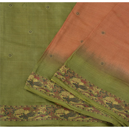 Sanskriti Vintage Orange & Green Sarees Pure Silk Hand Woven Fabric 5YD Sari