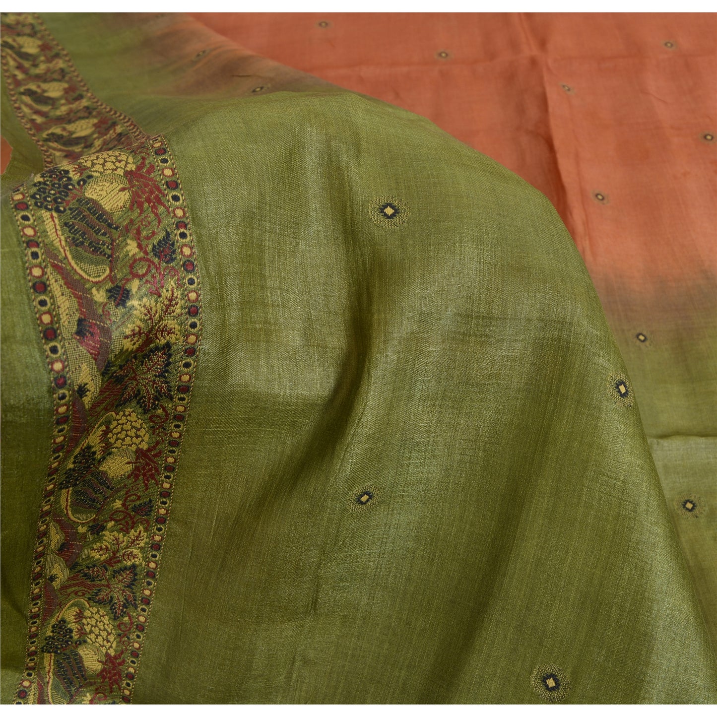 Sanskriti Vintage Orange & Green Sarees Pure Silk Hand Woven Fabric 5YD Sari