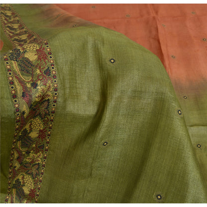 Sanskriti Vintage Orange & Green Sarees Pure Silk Hand Woven Fabric 5YD Sari