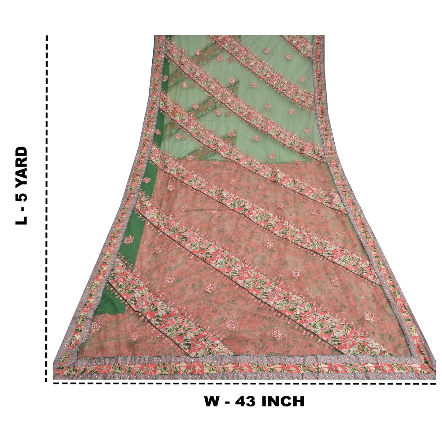 Sanskriti Vintage Green Sarees Georgette & Net Hand Beaded Brasso Sari Fabric