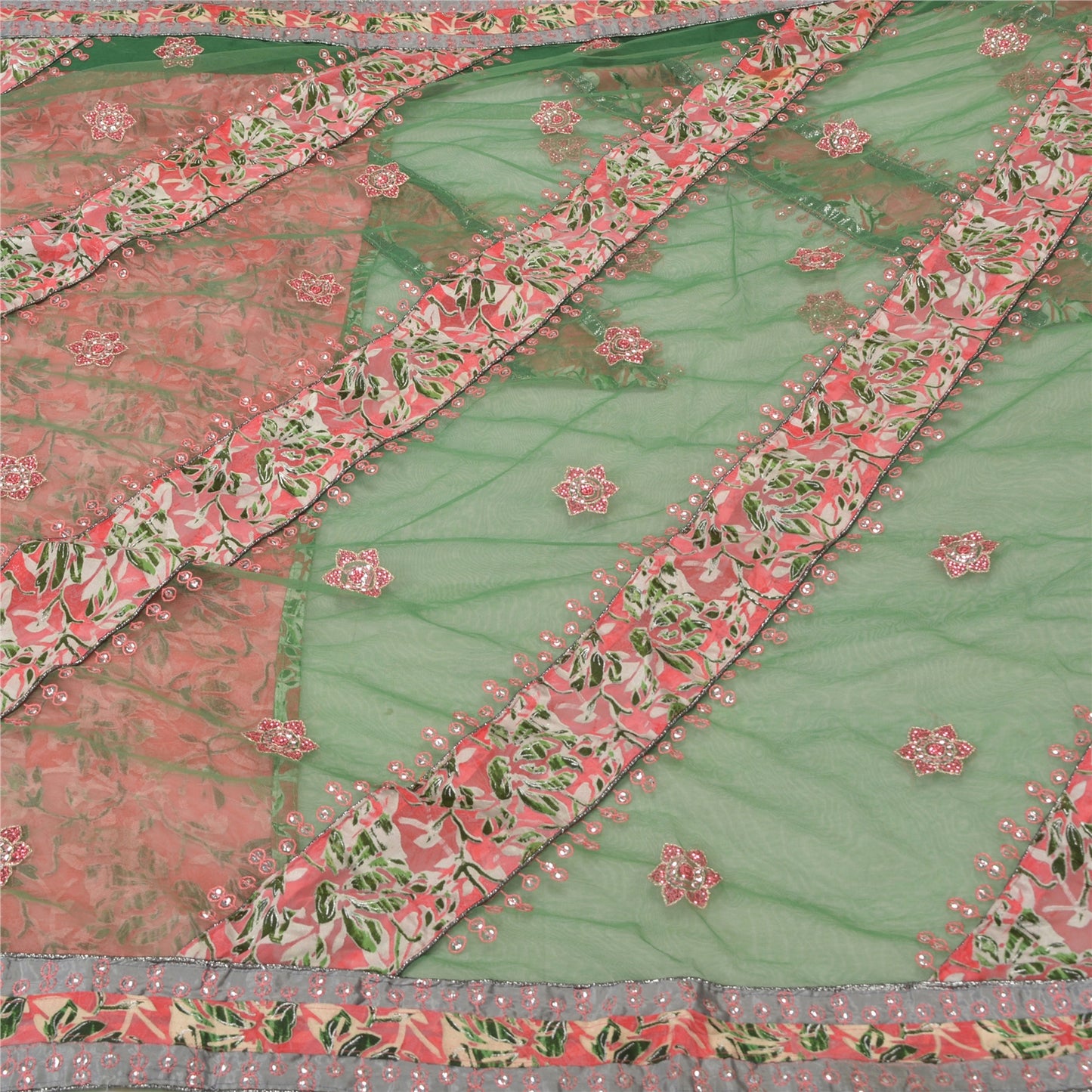 Sanskriti Vintage Green Sarees Georgette & Net Hand Beaded Brasso Sari Fabric
