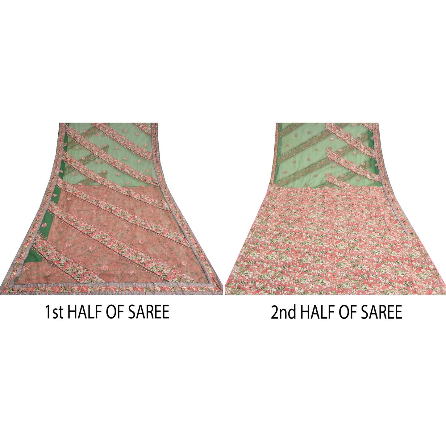 Sanskriti Vintage Green Sarees Georgette & Net Hand Beaded Brasso Sari Fabric