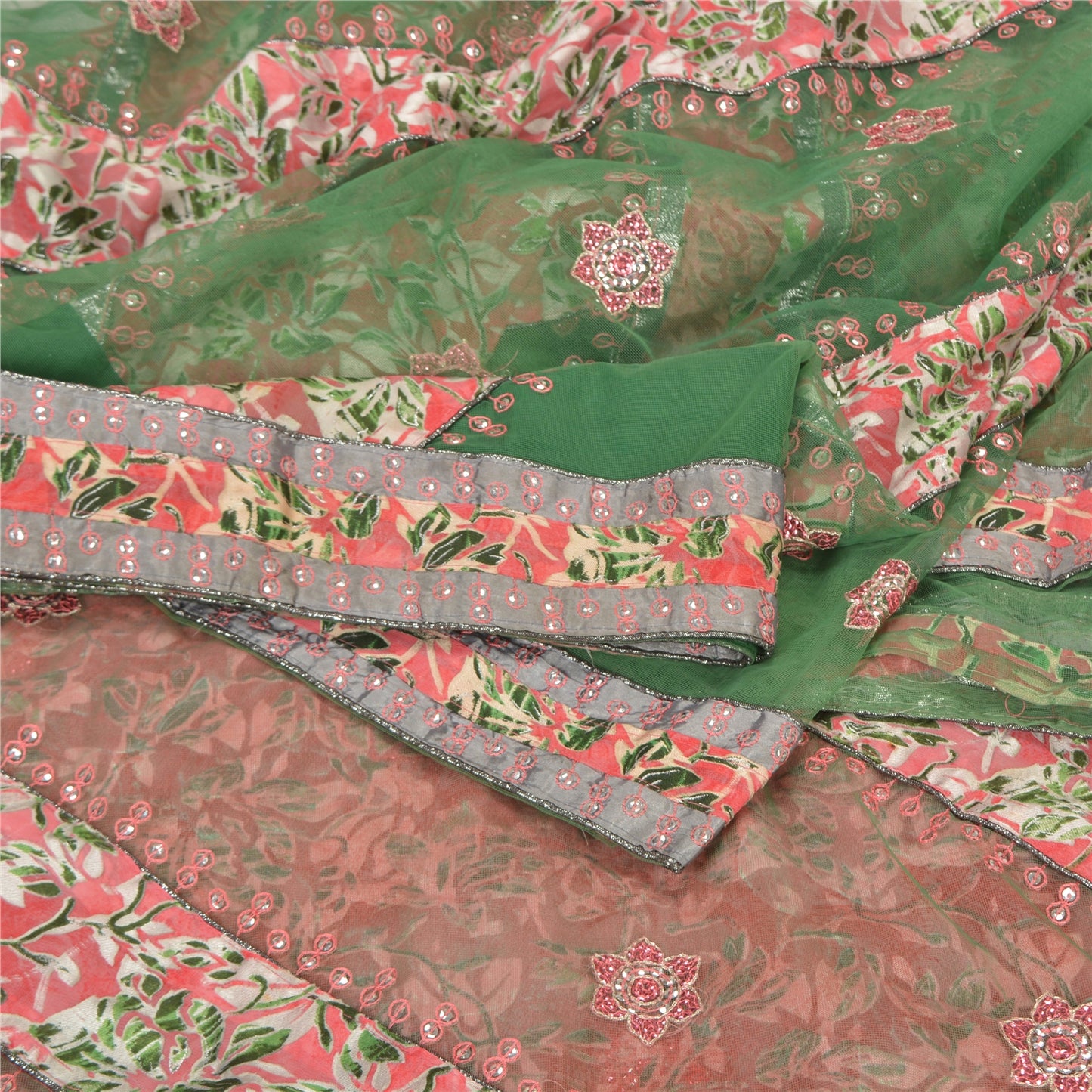 Sanskriti Vintage Green Sarees Georgette & Net Hand Beaded Brasso Sari Fabric