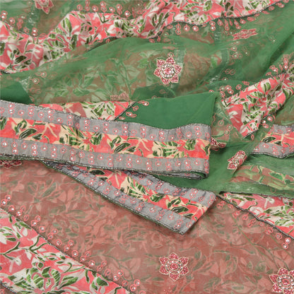 Sanskriti Vintage Green Sarees Georgette & Net Hand Beaded Brasso Sari Fabric