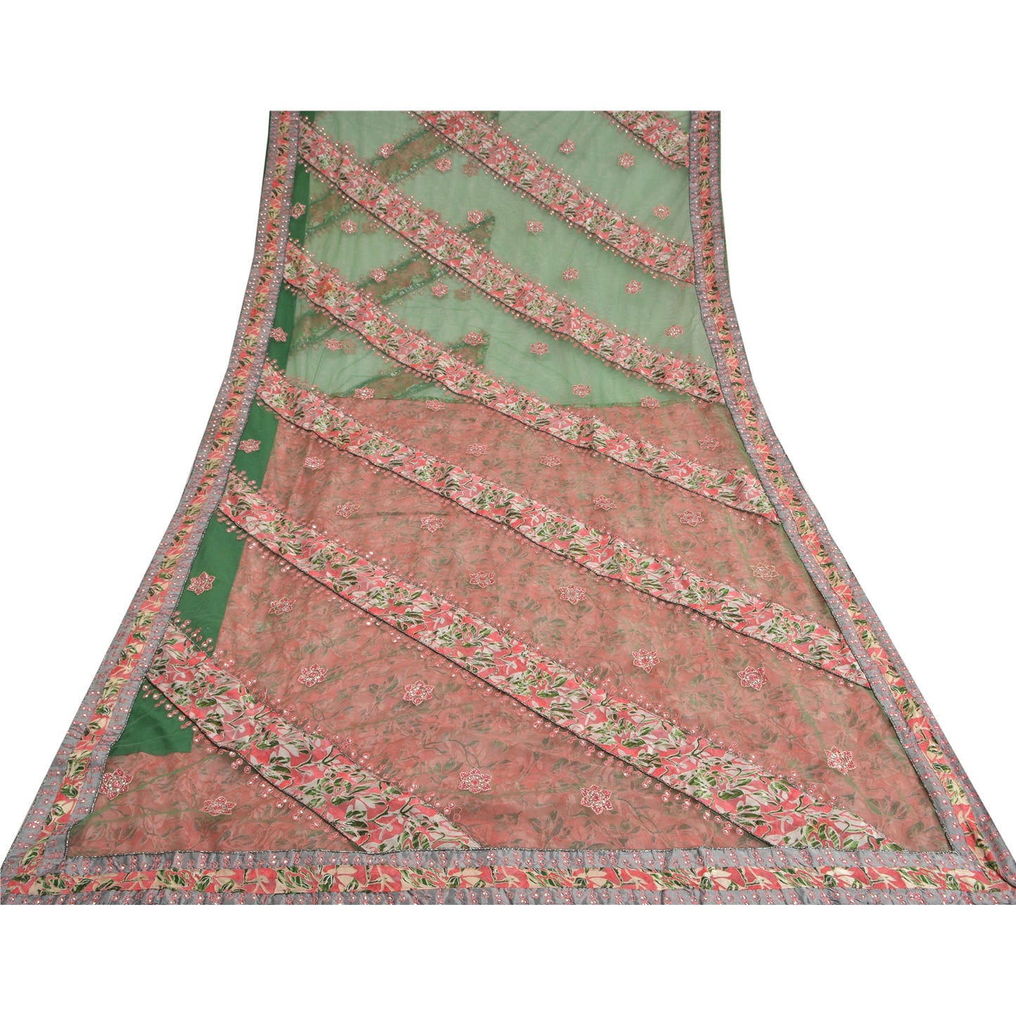 Sanskriti Vintage Green Sarees Georgette & Net Hand Beaded Brasso Sari Fabric