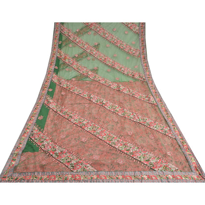 Sanskriti Vintage Green Sarees Georgette & Net Hand Beaded Brasso Sari Fabric