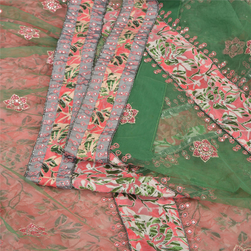 Sanskriti Vintage Green Sarees Georgette & Net Hand Beaded Brasso Sari Fabric