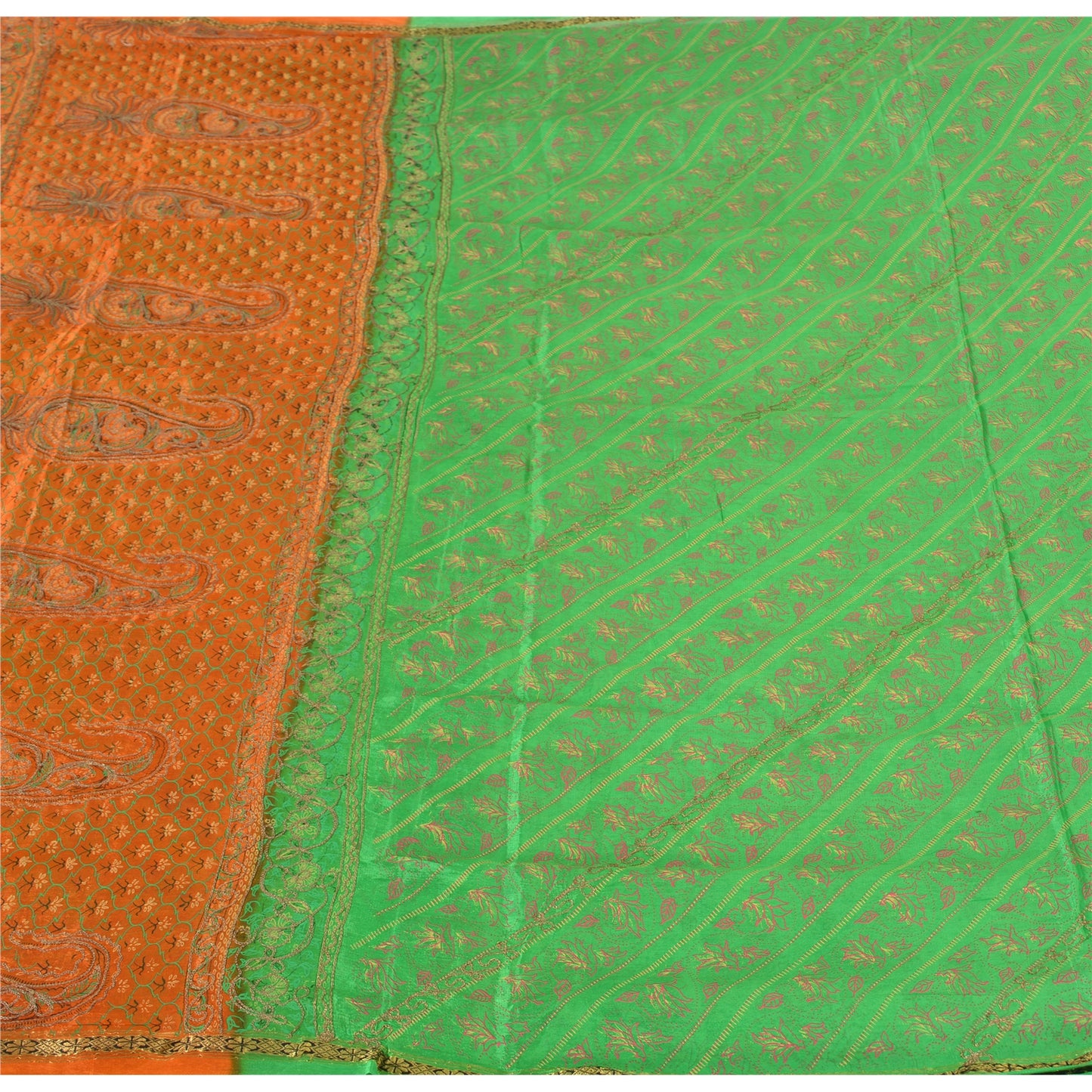 Sanskriti Vintage Green Sarees Pure Silk Hand Embroidered Sari 5ydCraft Fabric