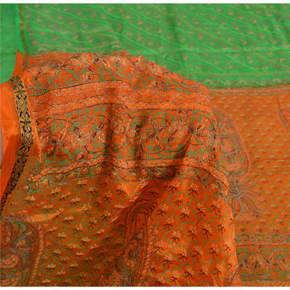 Sanskriti Vintage Green Sarees Pure Silk Hand Embroidered Sari 5ydCraft Fabric
