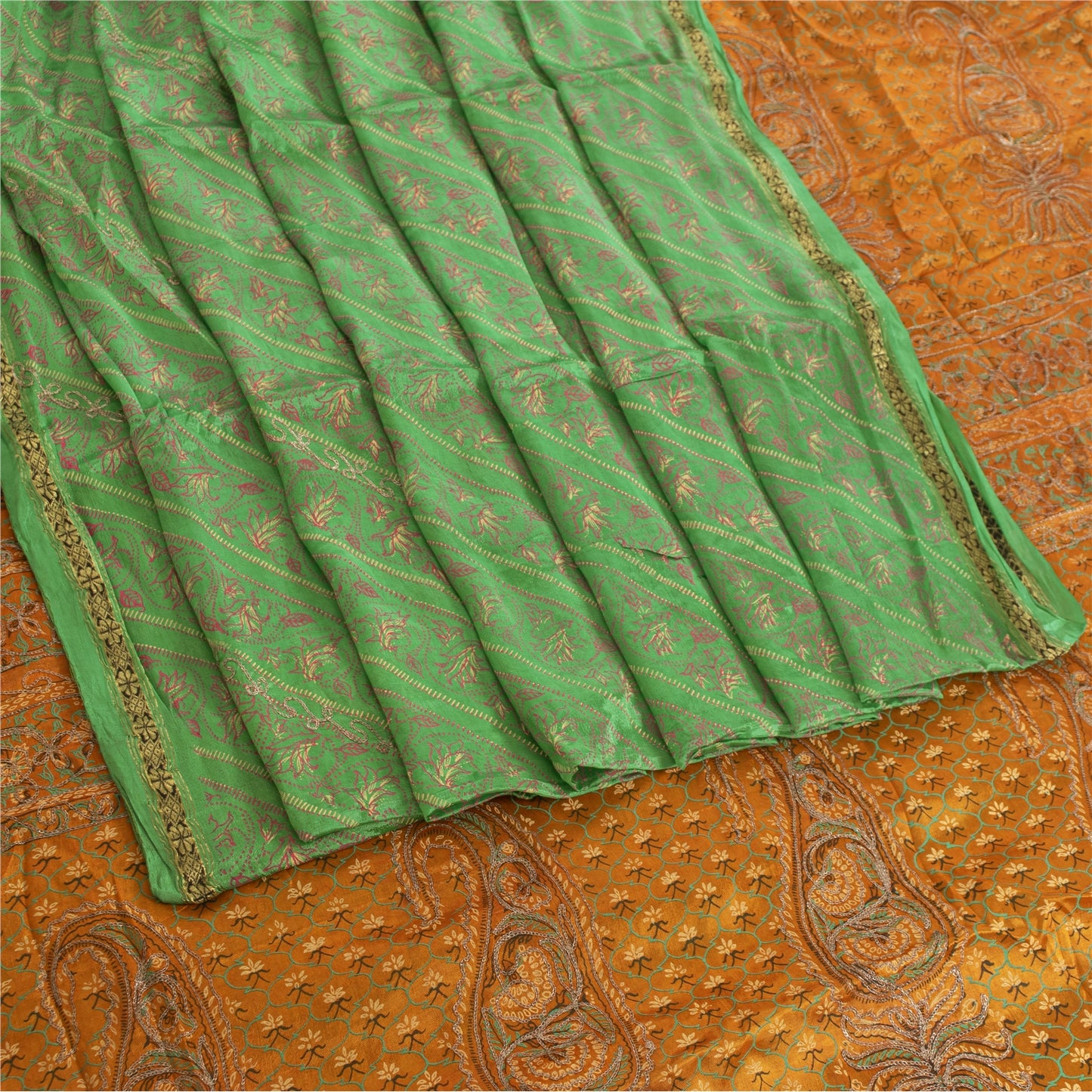 Sanskriti Vintage Green Sarees Pure Silk Hand Embroidered Sari 5ydCraft Fabric