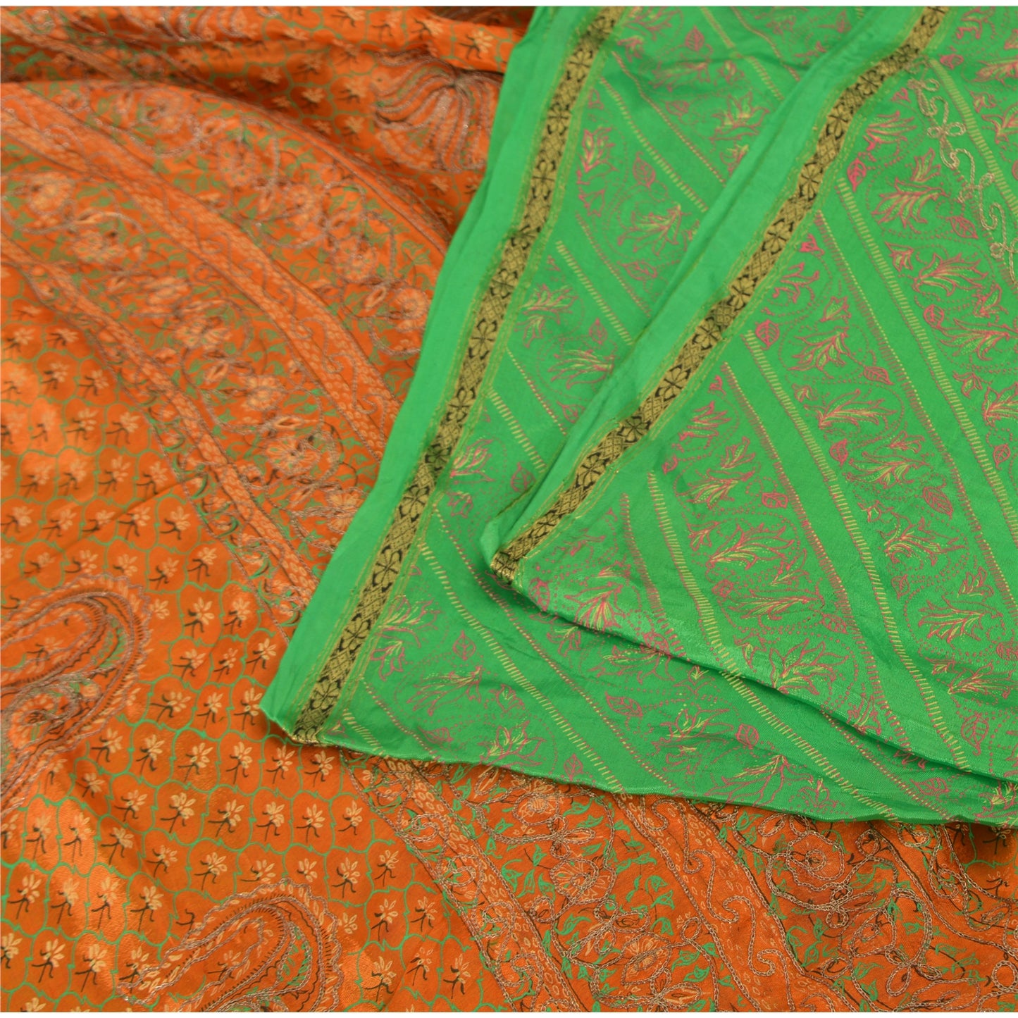 Sanskriti Vintage Green Sarees Pure Silk Hand Embroidered Sari 5ydCraft Fabric
