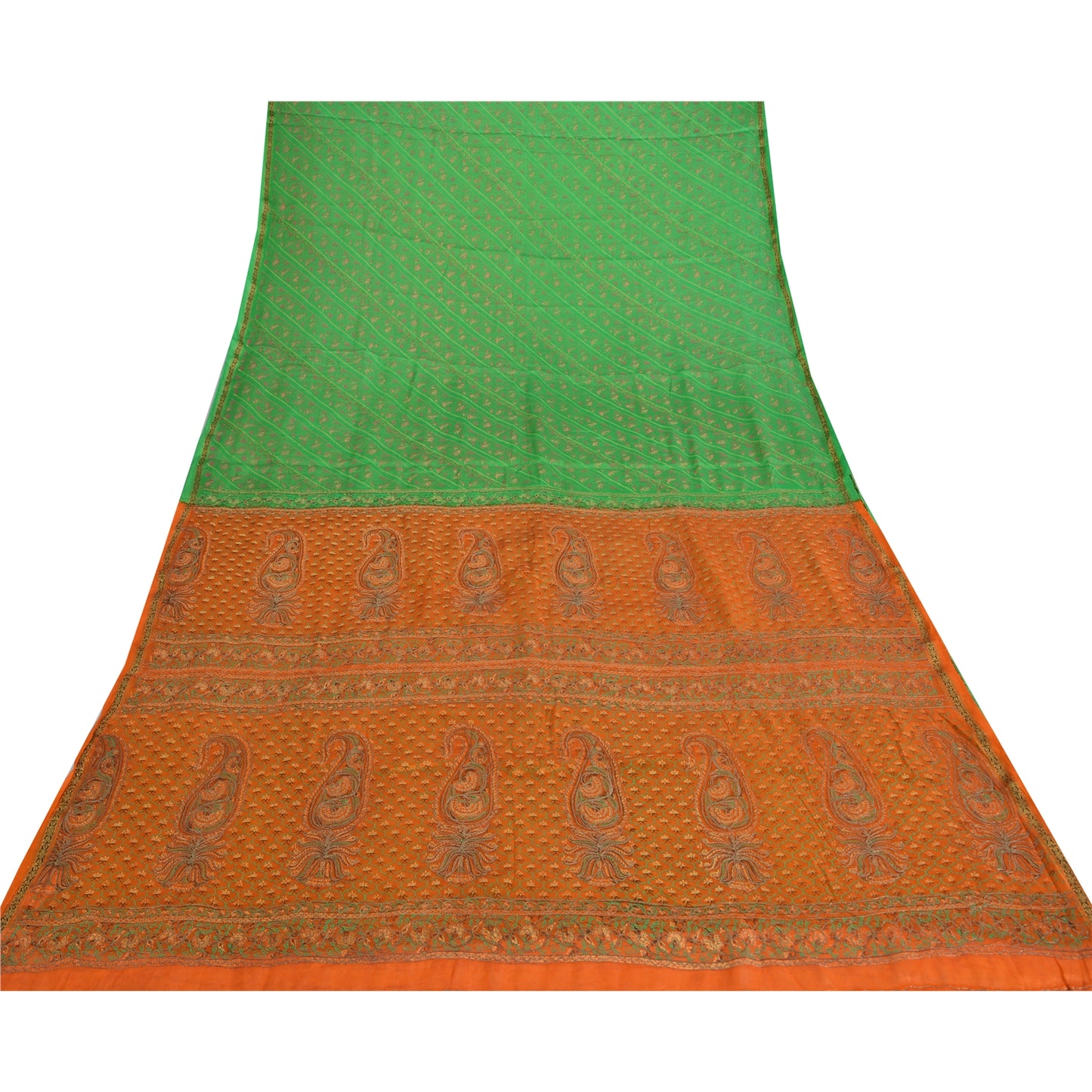 Sanskriti Vintage Green Sarees Pure Silk Hand Embroidered Sari 5ydCraft Fabric