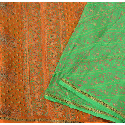 Sanskriti Vintage Green Sarees Pure Silk Hand Embroidered Sari 5ydCraft Fabric