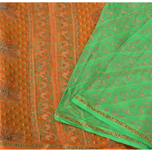 Sanskriti Vintage Green Sarees Pure Silk Hand Embroidered Sari 5ydCraft Fabric