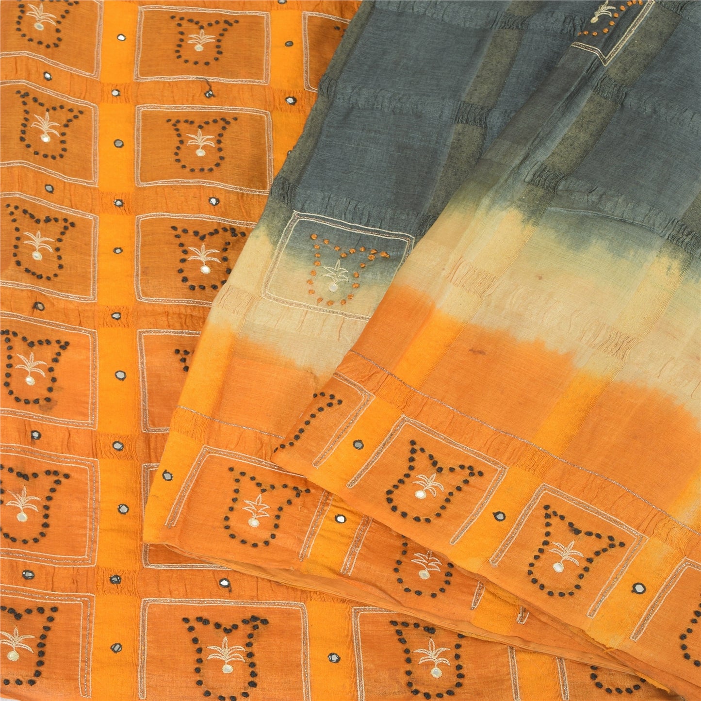 Sanskriti Vintage Sarees Gray & Yellow Pure Silk Hand Embroidery Sari 5+YDFabric