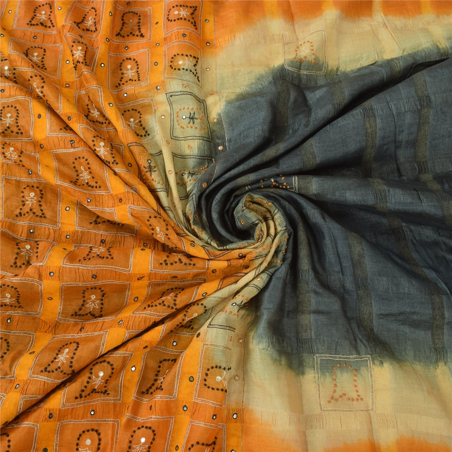 Sanskriti Vintage Sarees Gray & Yellow Pure Silk Hand Embroidery Sari 5+YDFabric