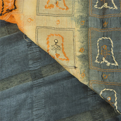Sanskriti Vintage Sarees Gray & Yellow Pure Silk Hand Embroidery Sari 5+YDFabric