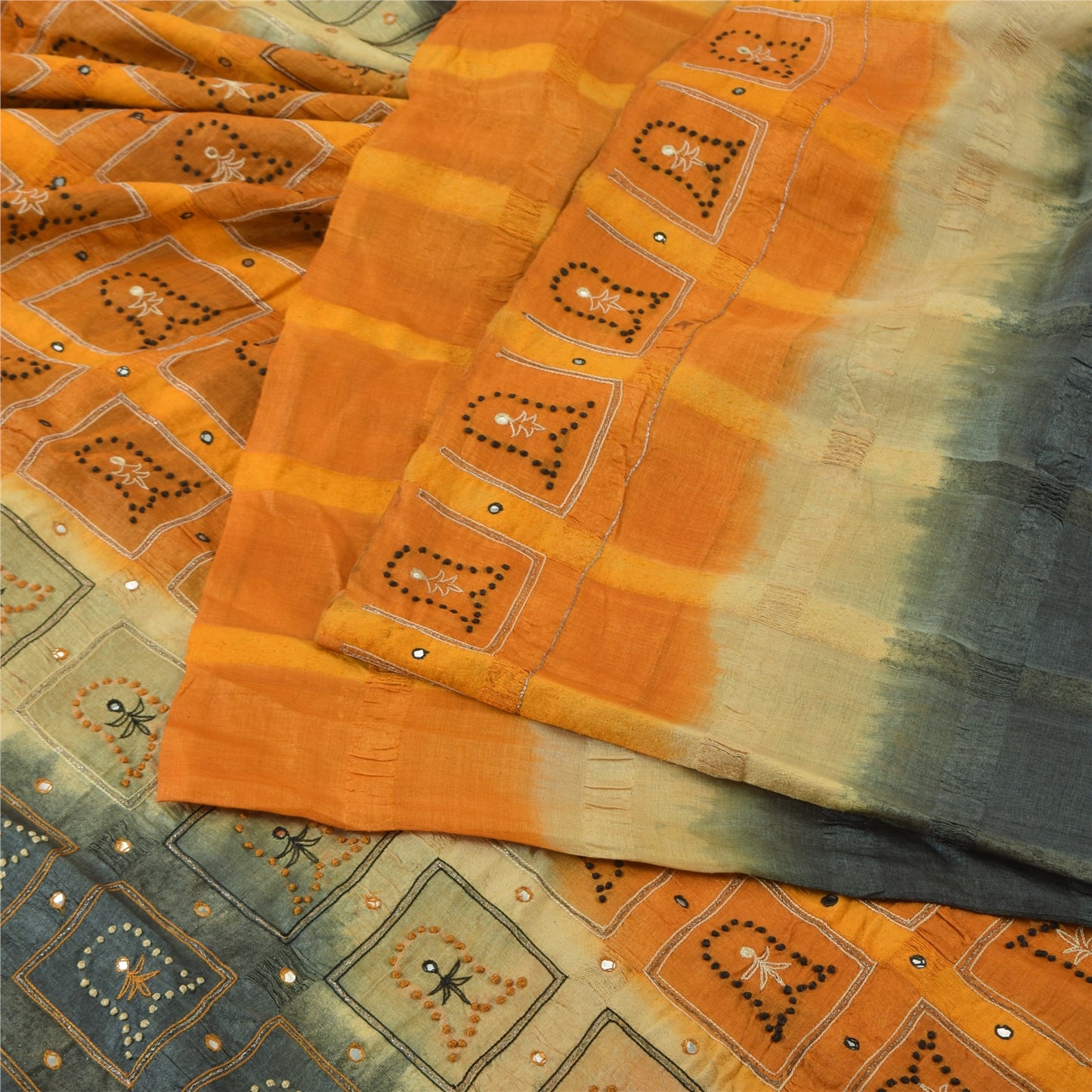 Sanskriti Vintage Sarees Gray & Yellow Pure Silk Hand Embroidery Sari 5+YDFabric