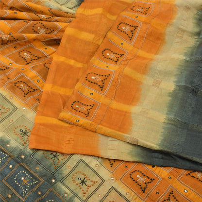 Sanskriti Vintage Sarees Gray & Yellow Pure Silk Hand Embroidery Sari 5+YDFabric