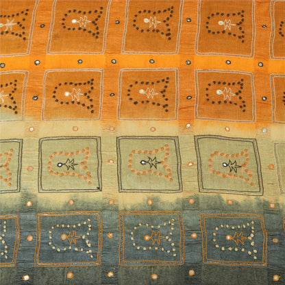 Sanskriti Vintage Sarees Gray & Yellow Pure Silk Hand Embroidery Sari 5+YDFabric