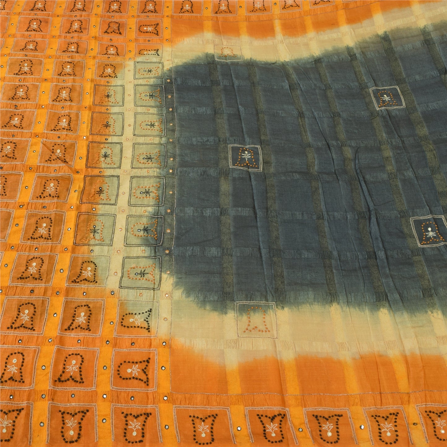 Sanskriti Vintage Sarees Gray & Yellow Pure Silk Hand Embroidery Sari 5+YDFabric