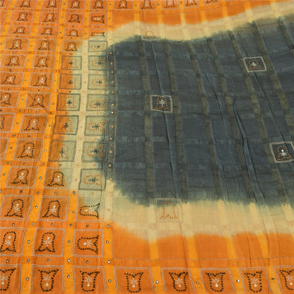 Sanskriti Vintage Sarees Gray & Yellow Pure Silk Hand Embroidery Sari 5+YDFabric