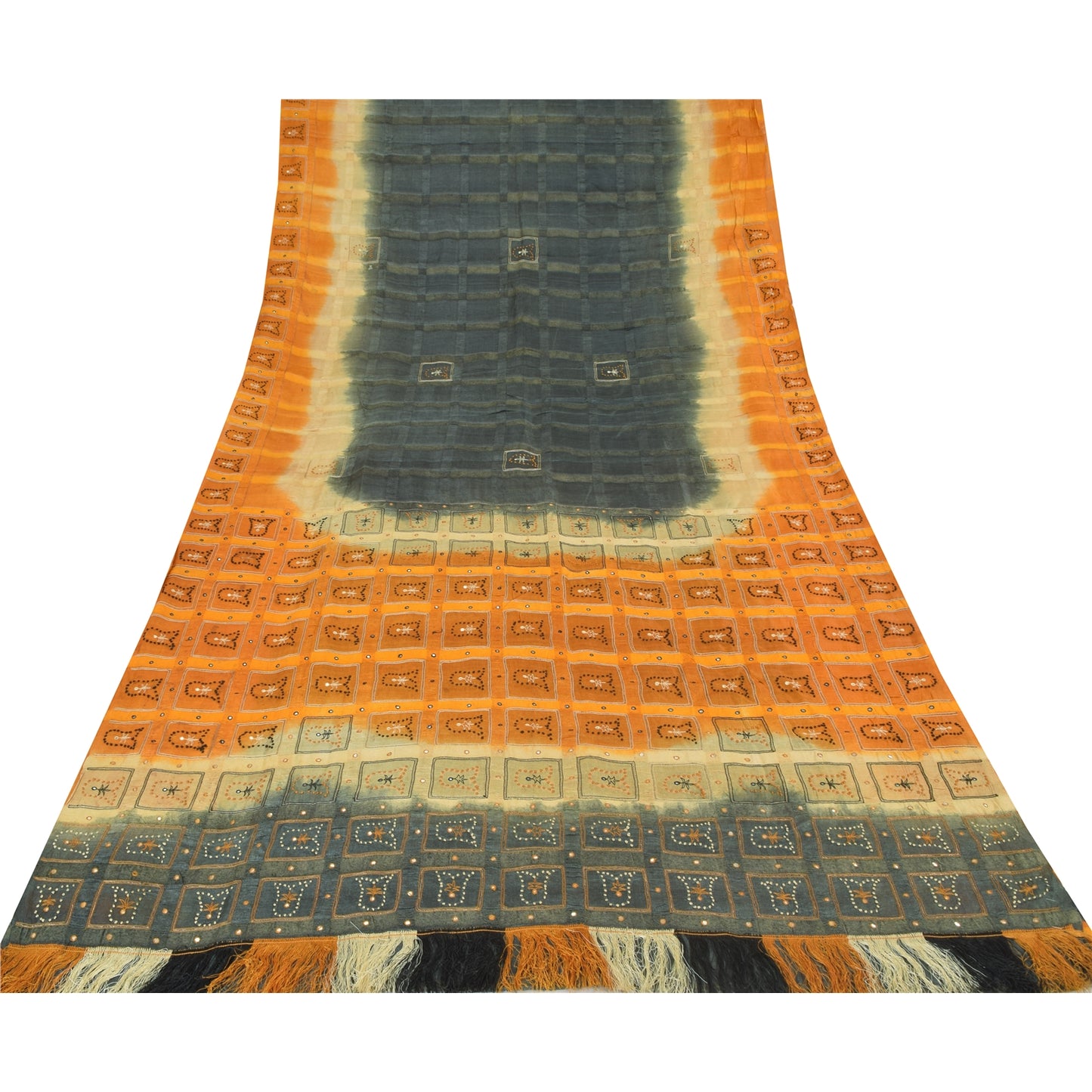 Sanskriti Vintage Sarees Gray & Yellow Pure Silk Hand Embroidery Sari 5+YDFabric